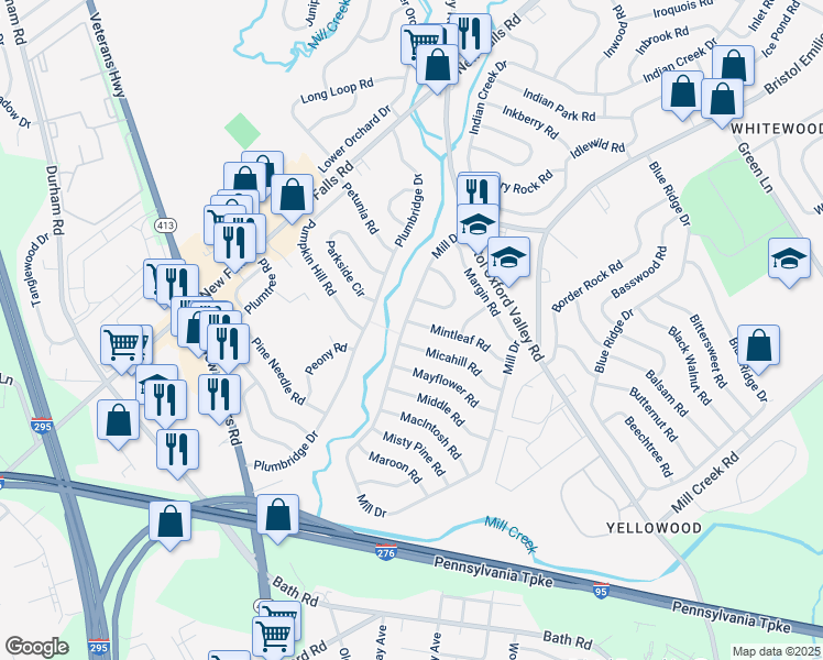 map of restaurants, bars, coffee shops, grocery stores, and more near 55 Mintleaf Road in Levittown
