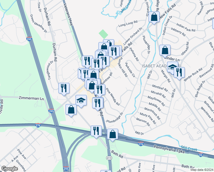 map of restaurants, bars, coffee shops, grocery stores, and more near 60 Pine Needle Road in Levittown
