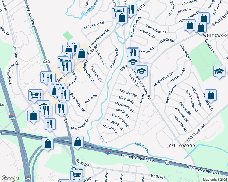 map of restaurants, bars, coffee shops, grocery stores, and more near 55 Mintleaf Road in Levittown