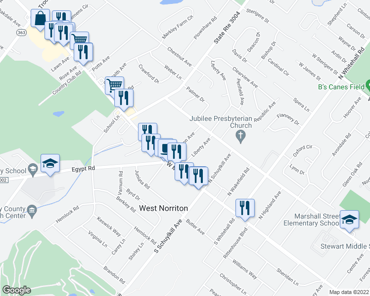 map of restaurants, bars, coffee shops, grocery stores, and more near 67 Jefferson Avenue in Eagleville
