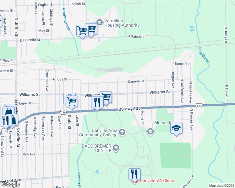 map of restaurants, bars, coffee shops, grocery stores, and more near 101 Indiana Street in Danville