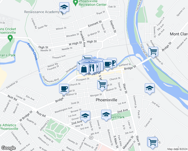 map of restaurants, bars, coffee shops, grocery stores, and more near 24 Bank Street in Phoenixville