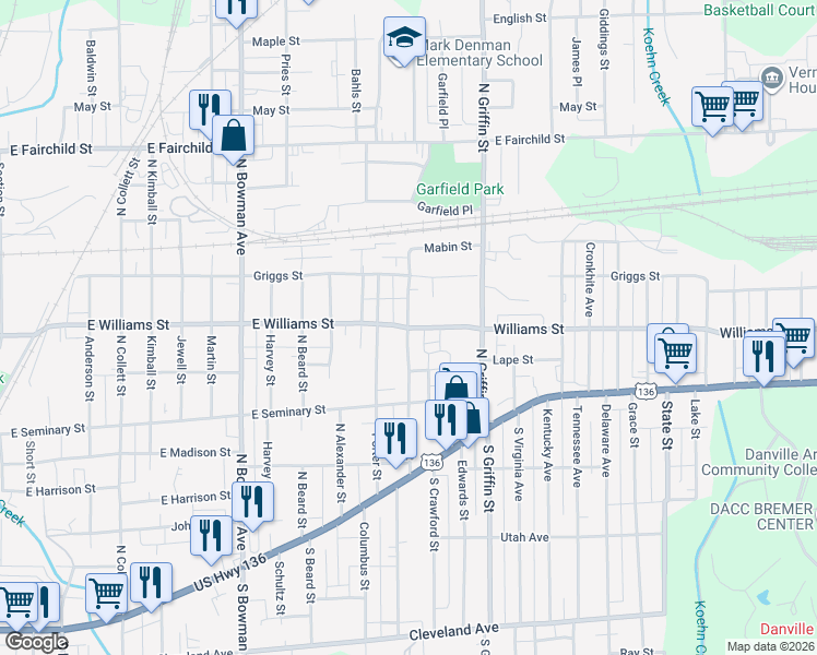 map of restaurants, bars, coffee shops, grocery stores, and more near 1201 East Williams Street in Danville