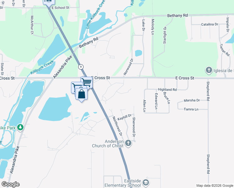 map of restaurants, bars, coffee shops, grocery stores, and more near 1808 South Cross Lakes Circle in Anderson