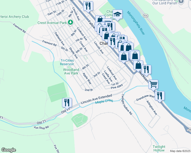 map of restaurants, bars, coffee shops, grocery stores, and more near 219 Meadow Avenue in Charleroi