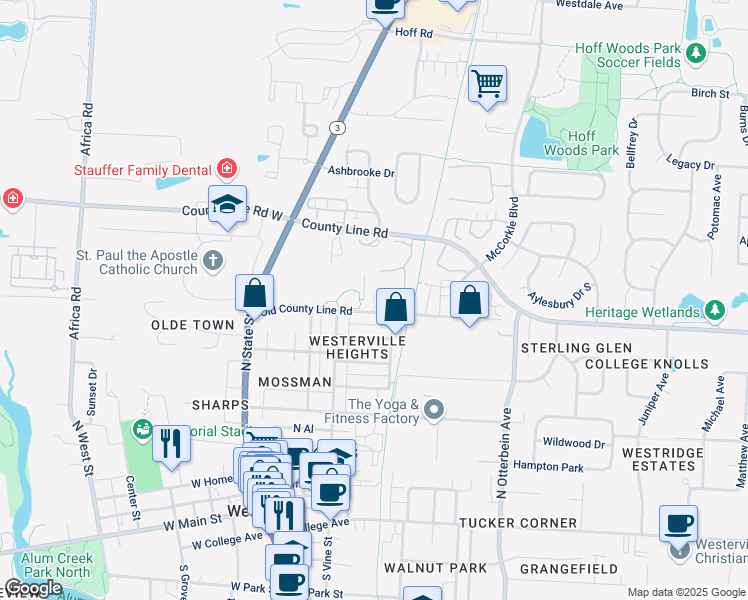 map of restaurants, bars, coffee shops, grocery stores, and more near 140 Old County Line Road in Westerville