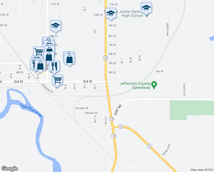 map of restaurants, bars, coffee shops, grocery stores, and more near 250 K St in Fairbury
