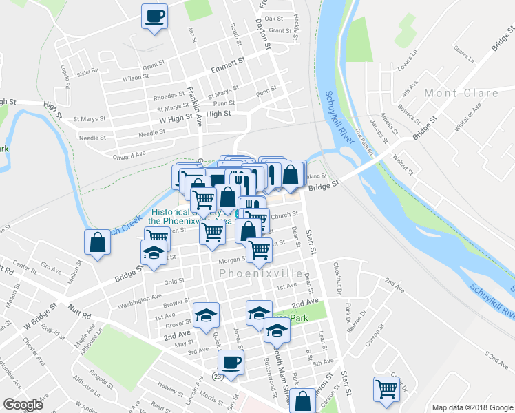 map of restaurants, bars, coffee shops, grocery stores, and more near 171 Prospect Street in Phoenixville