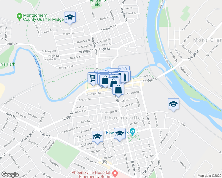 map of restaurants, bars, coffee shops, grocery stores, and more near 208 Bridge Street in Phoenixville