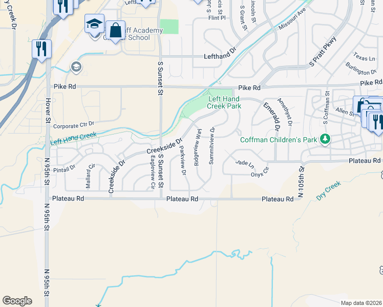 map of restaurants, bars, coffee shops, grocery stores, and more near 2120 Ridgeview Way in Longmont
