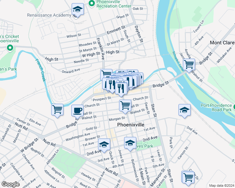 map of restaurants, bars, coffee shops, grocery stores, and more near 202 Bridge Street in Phoenixville