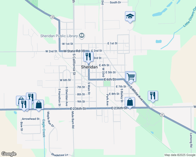 map of restaurants, bars, coffee shops, grocery stores, and more near 504 South Adams Street in Sheridan
