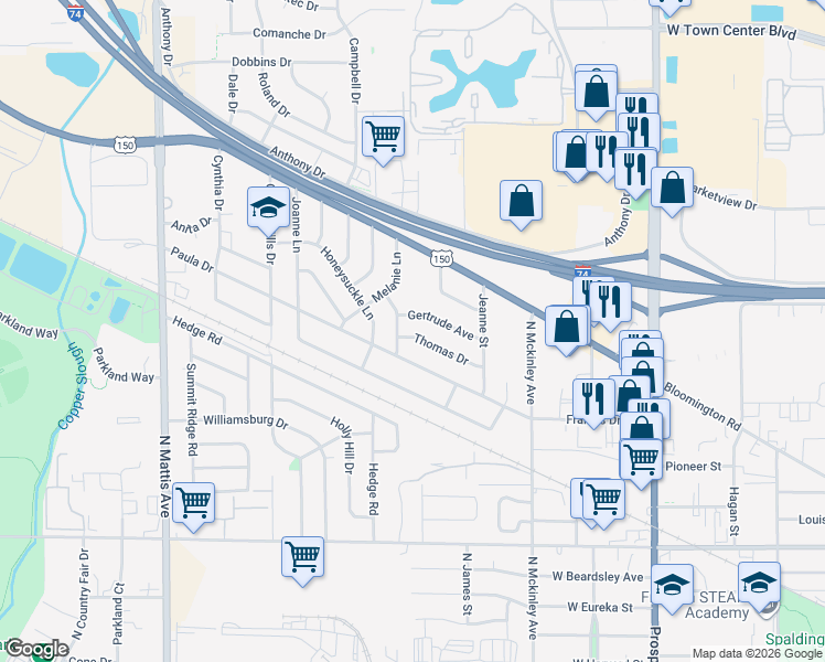 map of restaurants, bars, coffee shops, grocery stores, and more near 1221 Gertrude Avenue in Champaign
