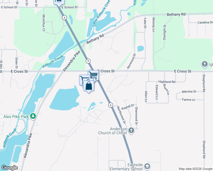 map of restaurants, bars, coffee shops, grocery stores, and more near 1804 North Cross Lakes Circle in Anderson