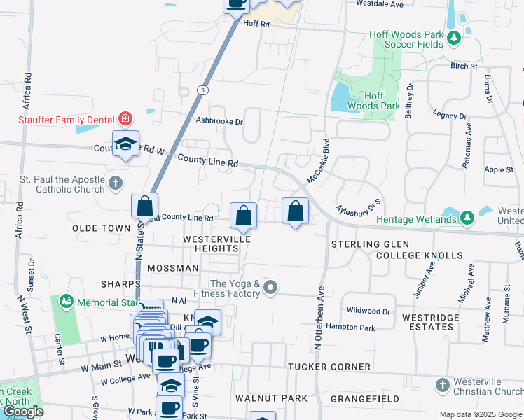 map of restaurants, bars, coffee shops, grocery stores, and more near 220 Old County Line Road in Westerville
