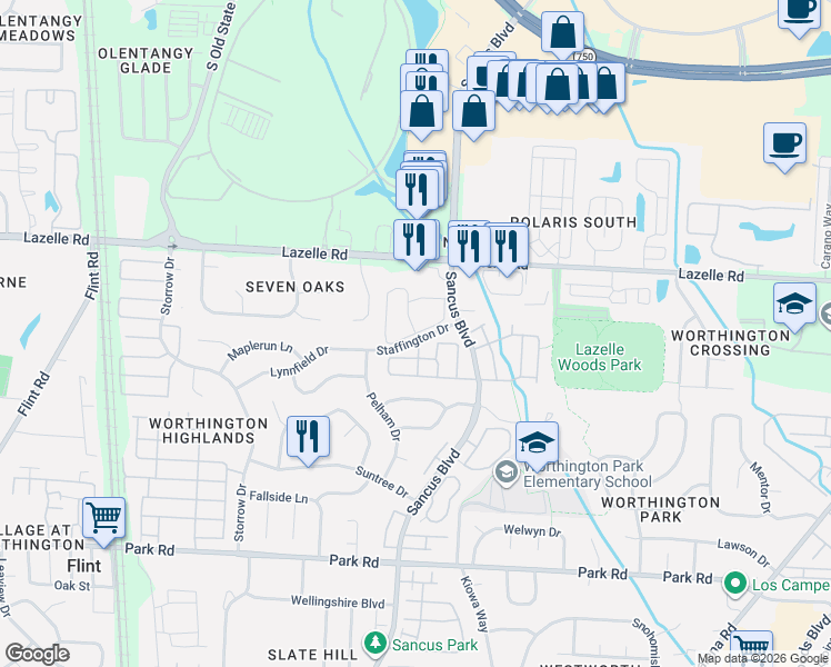 map of restaurants, bars, coffee shops, grocery stores, and more near Polaris Crossing Boulevard in Columbus