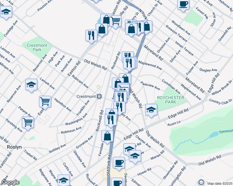 map of restaurants, bars, coffee shops, grocery stores, and more near 1769 Pennsylvania 611 in Abington