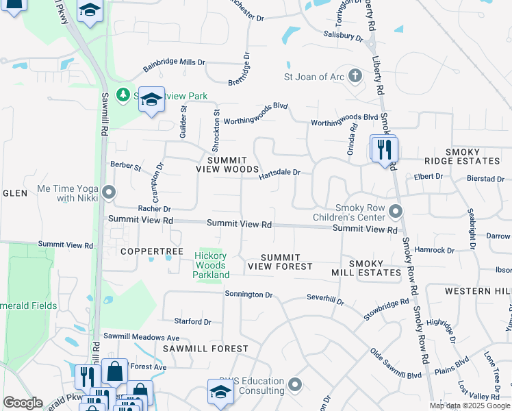 map of restaurants, bars, coffee shops, grocery stores, and more near 8722 Shillington Drive in Powell