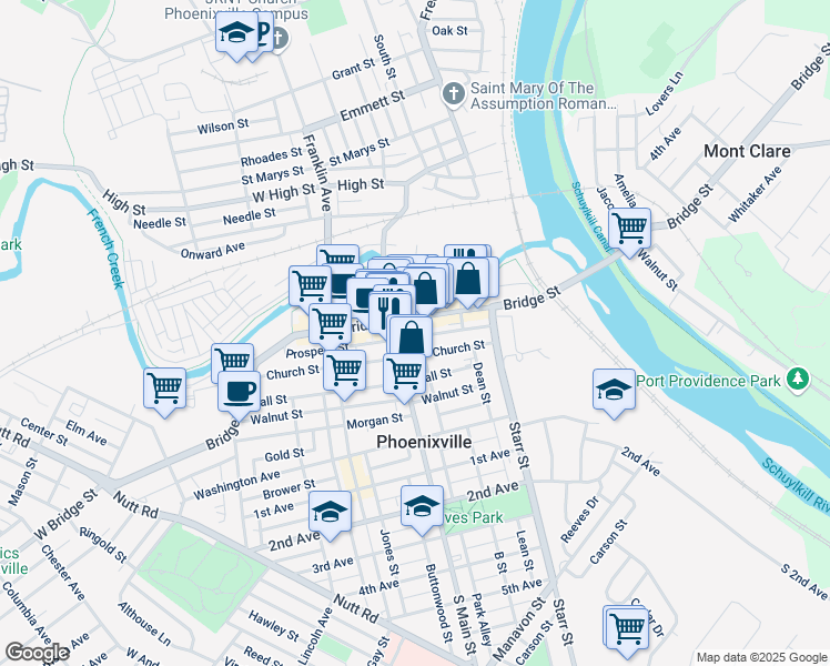 map of restaurants, bars, coffee shops, grocery stores, and more near 175 Prospect Street in Phoenixville