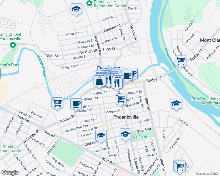 map of restaurants, bars, coffee shops, grocery stores, and more near in Phoenixville