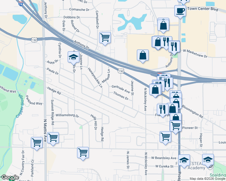map of restaurants, bars, coffee shops, grocery stores, and more near 1221 Gertrude Avenue in Champaign