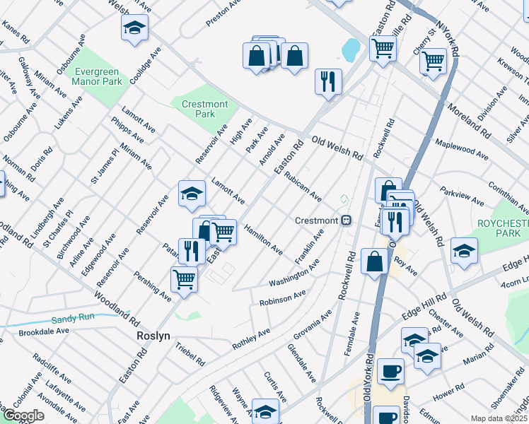 map of restaurants, bars, coffee shops, grocery stores, and more near 1628 Summit Avenue in Willow Grove