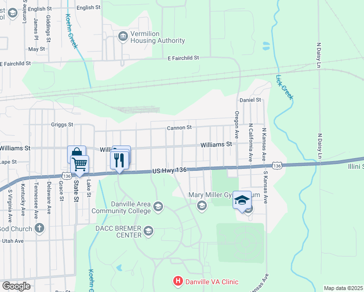 map of restaurants, bars, coffee shops, grocery stores, and more near 2437 Williams Street in Danville