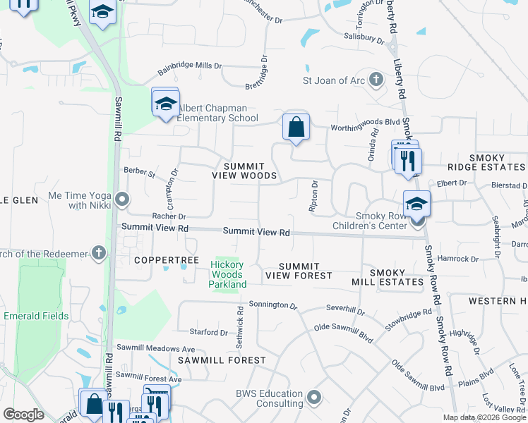 map of restaurants, bars, coffee shops, grocery stores, and more near 8722 Shillington Drive in Powell