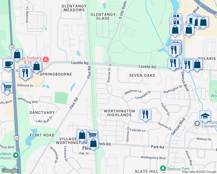 map of restaurants, bars, coffee shops, grocery stores, and more near 8302 Stratford Chase Drive in Westerville