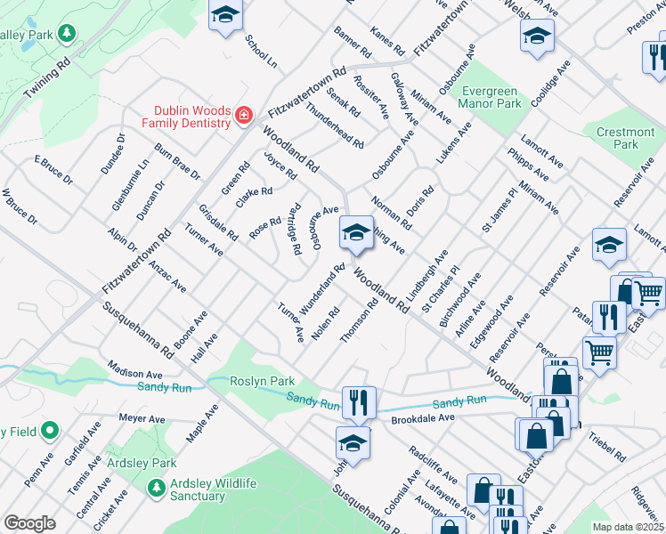 map of restaurants, bars, coffee shops, grocery stores, and more near 1310 Wunderland Road in Abington