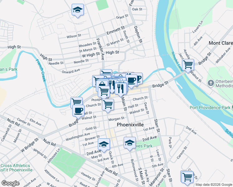map of restaurants, bars, coffee shops, grocery stores, and more near 227 Bridge Street in Phoenixville