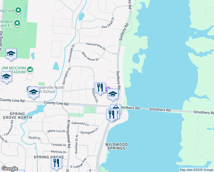 map of restaurants, bars, coffee shops, grocery stores, and more near 1201 Wedgewood Terrace in Westerville