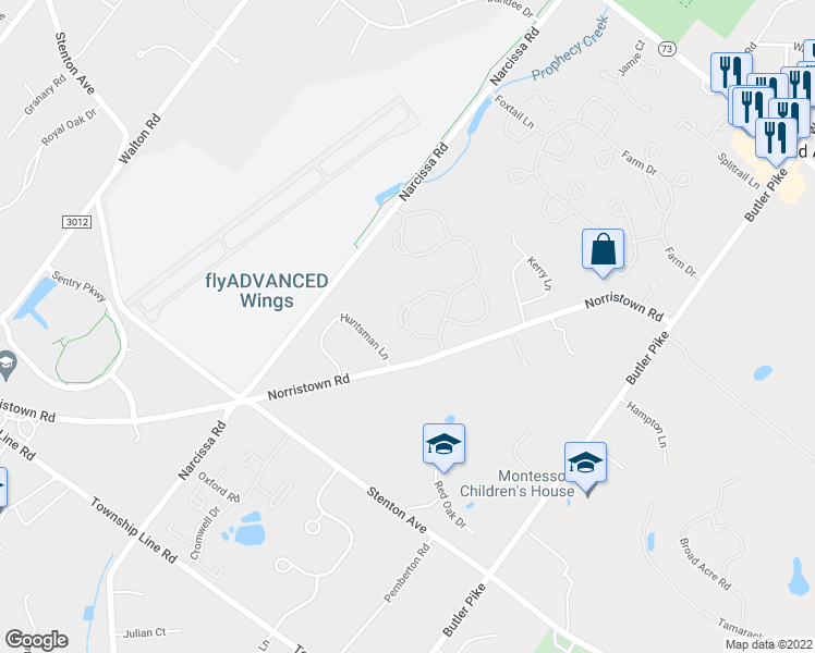 map of restaurants, bars, coffee shops, grocery stores, and more near 201 Orchard Court in Blue Bell