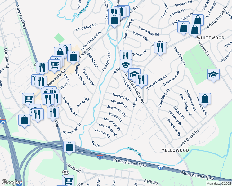 map of restaurants, bars, coffee shops, grocery stores, and more near 40 Mintleaf Road in Levittown