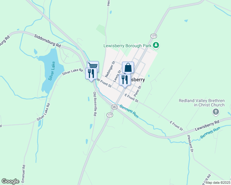 map of restaurants, bars, coffee shops, grocery stores, and more near 101 West Front Street in Lewisberry