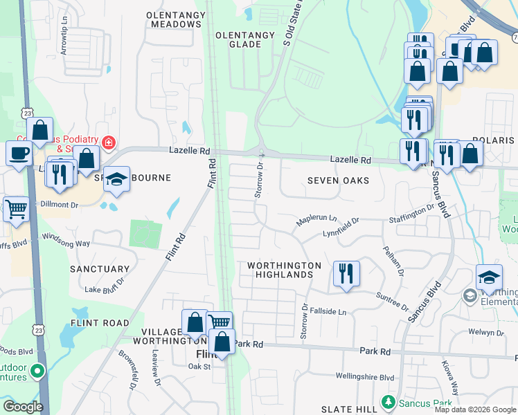 map of restaurants, bars, coffee shops, grocery stores, and more near 8302 Stratford Chase Drive in Westerville