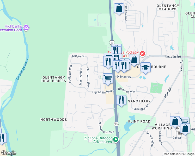 map of restaurants, bars, coffee shops, grocery stores, and more near 8340 Linton Boulevard in Columbus