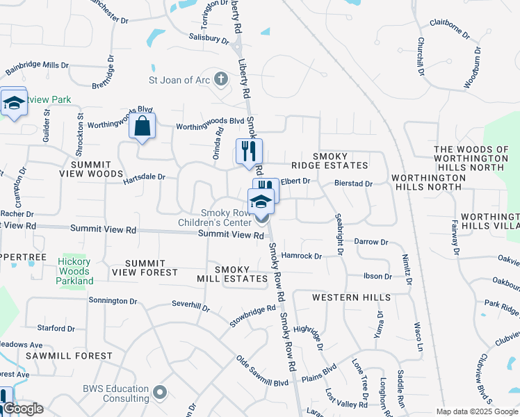 map of restaurants, bars, coffee shops, grocery stores, and more near 2063 Summit Row Boulevard in Powell