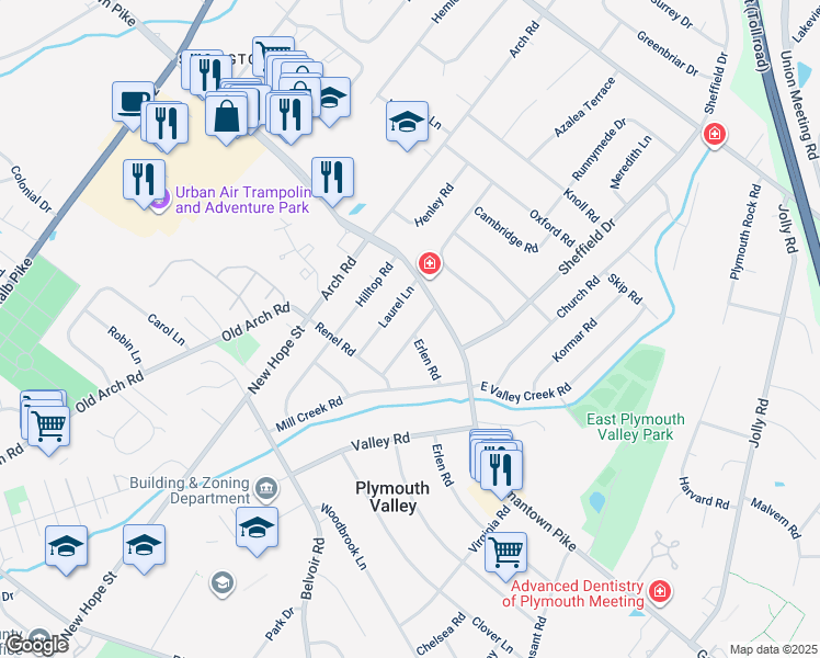 map of restaurants, bars, coffee shops, grocery stores, and more near 9 Mulberry Lane in Plymouth Meeting