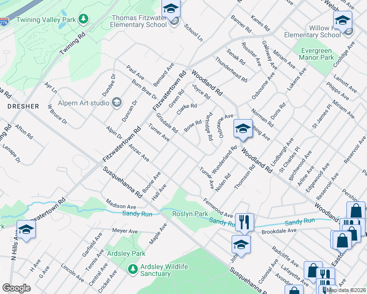 map of restaurants, bars, coffee shops, grocery stores, and more near 2920 Grisdale Road in Abington