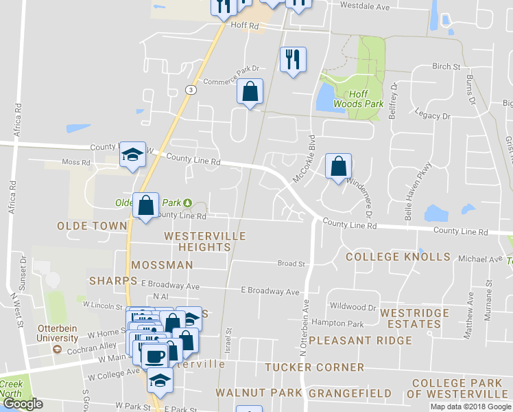 map of restaurants, bars, coffee shops, grocery stores, and more near 220 Old County Line Road in Westerville