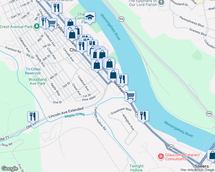map of restaurants, bars, coffee shops, grocery stores, and more near 108 Lincoln Avenue in Charleroi