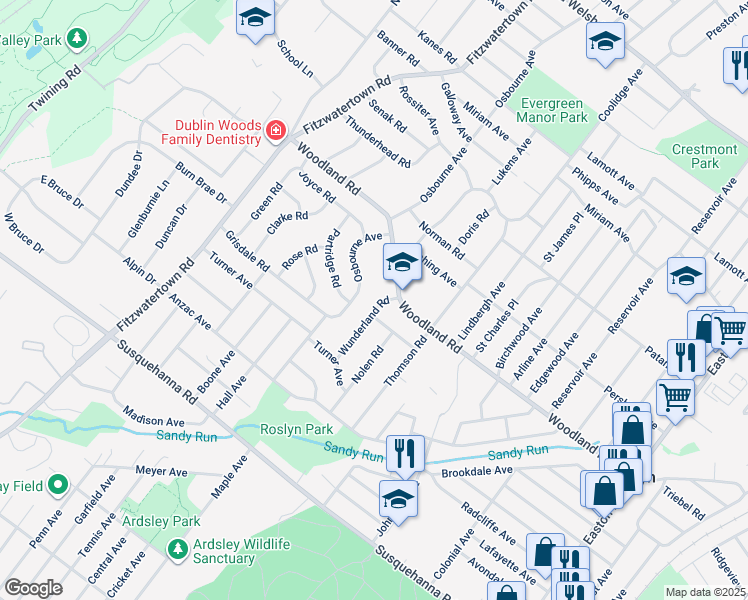 map of restaurants, bars, coffee shops, grocery stores, and more near 1310 Wunderland Road in Abington