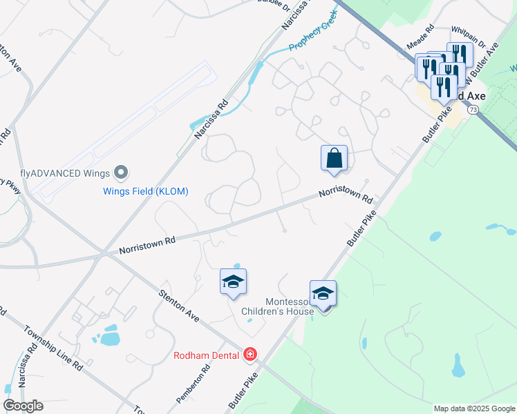 map of restaurants, bars, coffee shops, grocery stores, and more near 129 Evergreen Court in Blue Bell