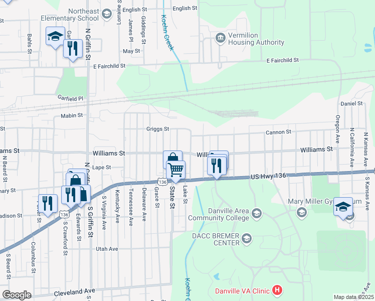 map of restaurants, bars, coffee shops, grocery stores, and more near 100 National Avenue in Danville