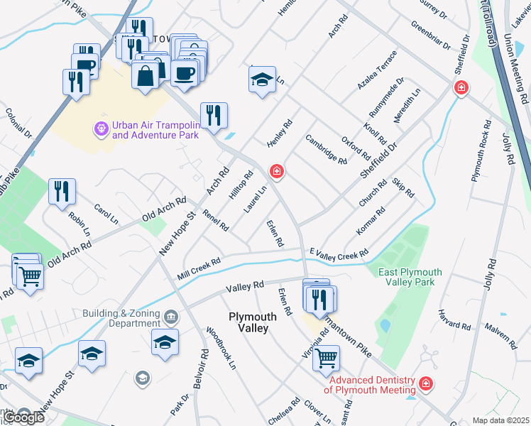 map of restaurants, bars, coffee shops, grocery stores, and more near 9 Mulberry Lane in Plymouth Meeting