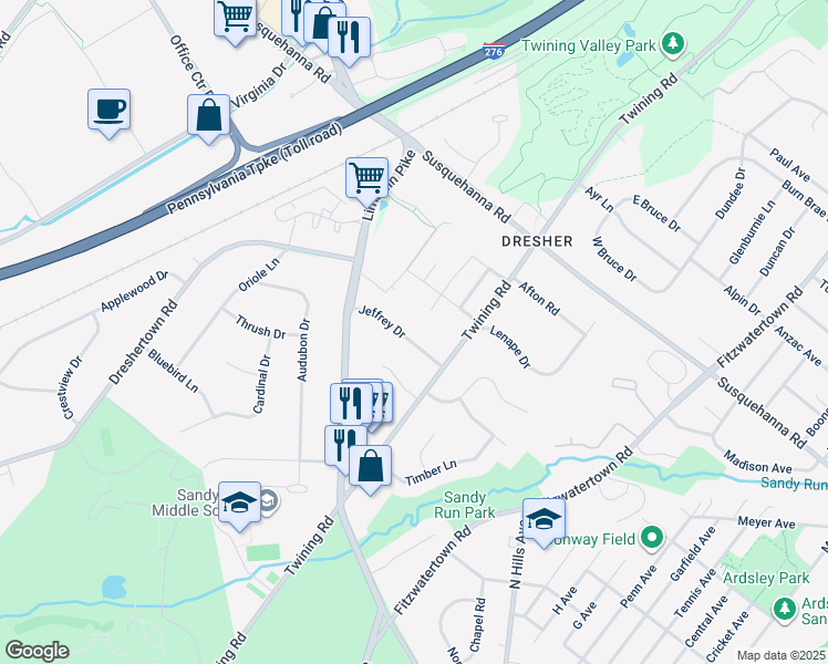 map of restaurants, bars, coffee shops, grocery stores, and more near 3317 Jeffrey Drive in Dresher