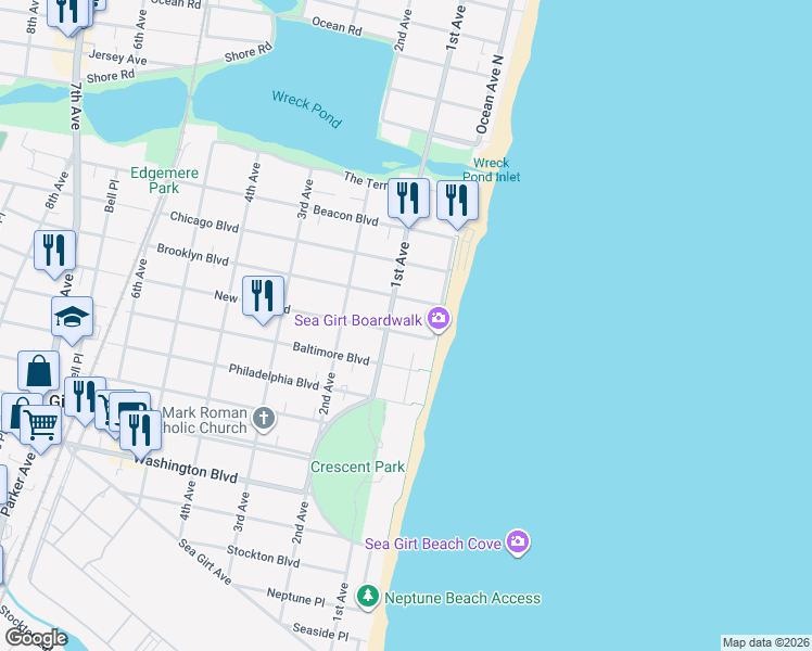 map of restaurants, bars, coffee shops, grocery stores, and more near 11 New York Boulevard in Sea Girt