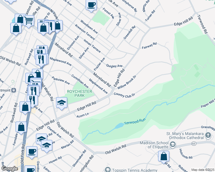 map of restaurants, bars, coffee shops, grocery stores, and more near 1918 Moreland Road in Abington