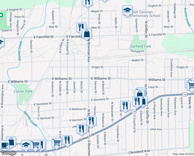map of restaurants, bars, coffee shops, grocery stores, and more near 601 Harvey Street in Danville
